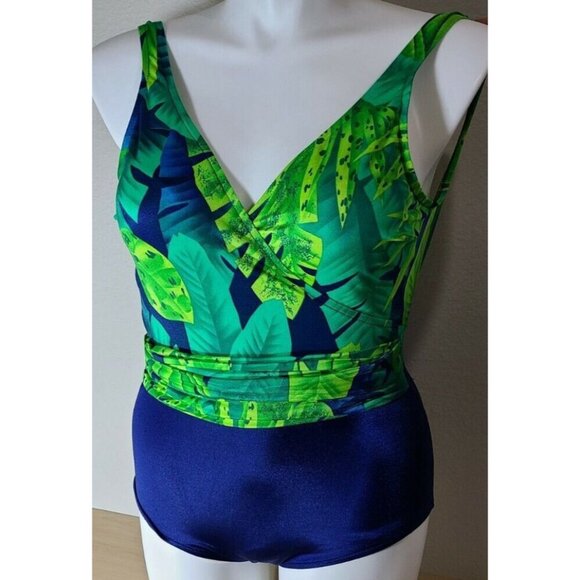 Jantzen Other - Vtg Jantzen Womens V Neck Faux Wrap One Piece Swimsuit Green/Blue Tropical Sz 10